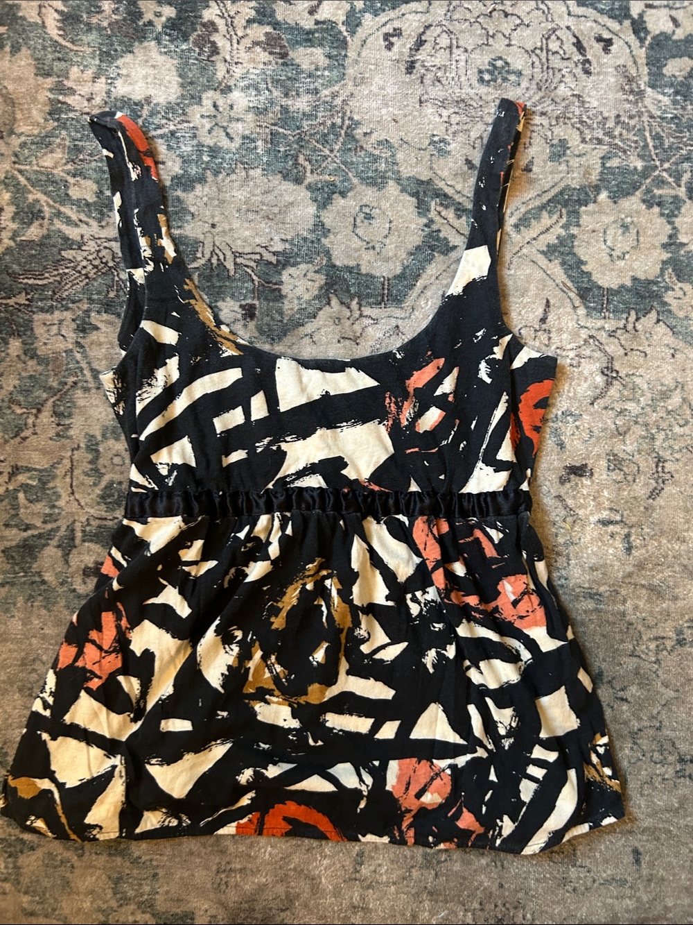 J. Crew Black Tank Top with Cream, Rust & Mustard Abstract Print
